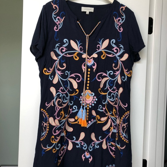 Navy cotton woven dress with embroidery - Picture 3 of 5